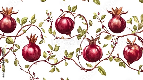 Intricate pomegranate pattern with vines and leaves.