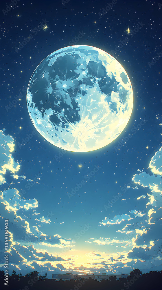 Fototapeta premium A luminous, pale-blue moon dominates a twilight sky, partially obscured by wispy clouds above a silhouetted landscape