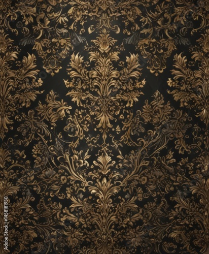 Intricate black & gold damask pattern, metallic accents, background, motif