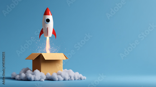 Rocket taking off from cardboard box on blue background