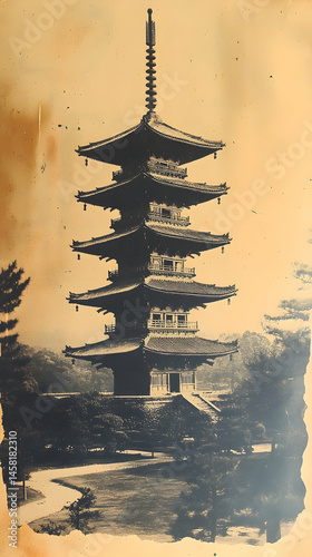 Aged photo of a five-tiered pagoda amidst trees, showing architectural detail and a serene landscape
