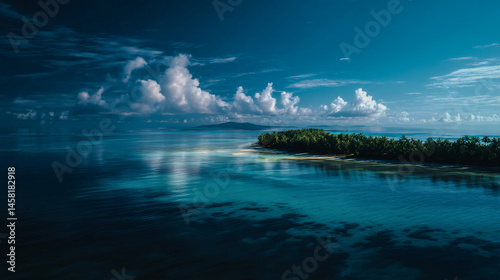 A tranquil aerial view of a tropic island paradise with turquoise waters and lush verdure under a brilliant blueing sky.