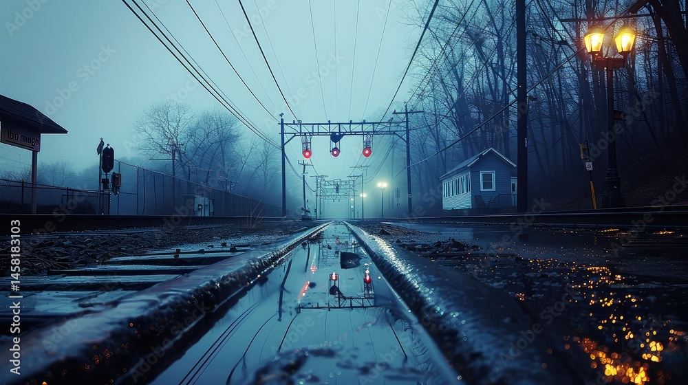 Obraz premium Misty, early morning view of a rural train track.
