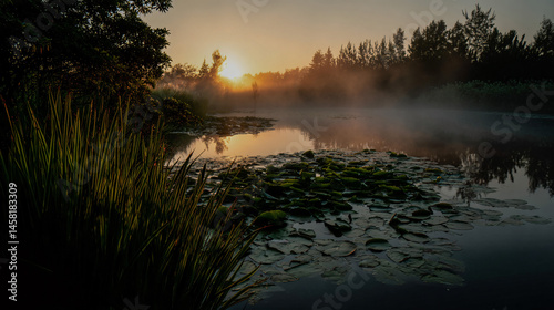 A tranquil sunrise casting a soft, golden glow over a brumous lake with lily pads and lush verdure surrounding the shot