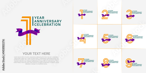 Anniversary logo type set with double line number. orange and green color with purple ribbon for celebration event
