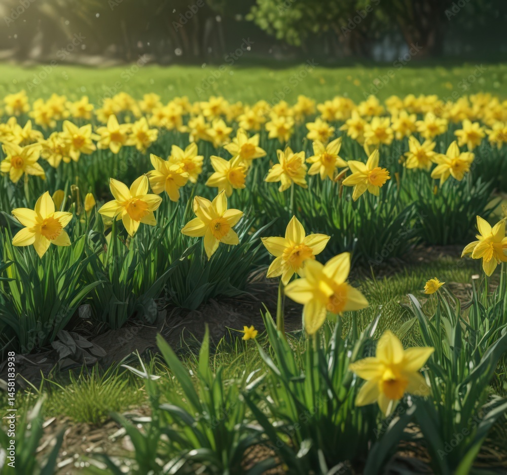 Obraz premium Sunny yellow daffodils burst forth in a vibrant green field , natural, vibrant
