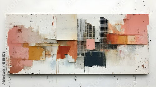 Panel kuchenny z motywem Abstract cityscape painting  layered, textured, pink, orange, white, and grey tones depict a stylized urban scene with buildings and geometric shapes