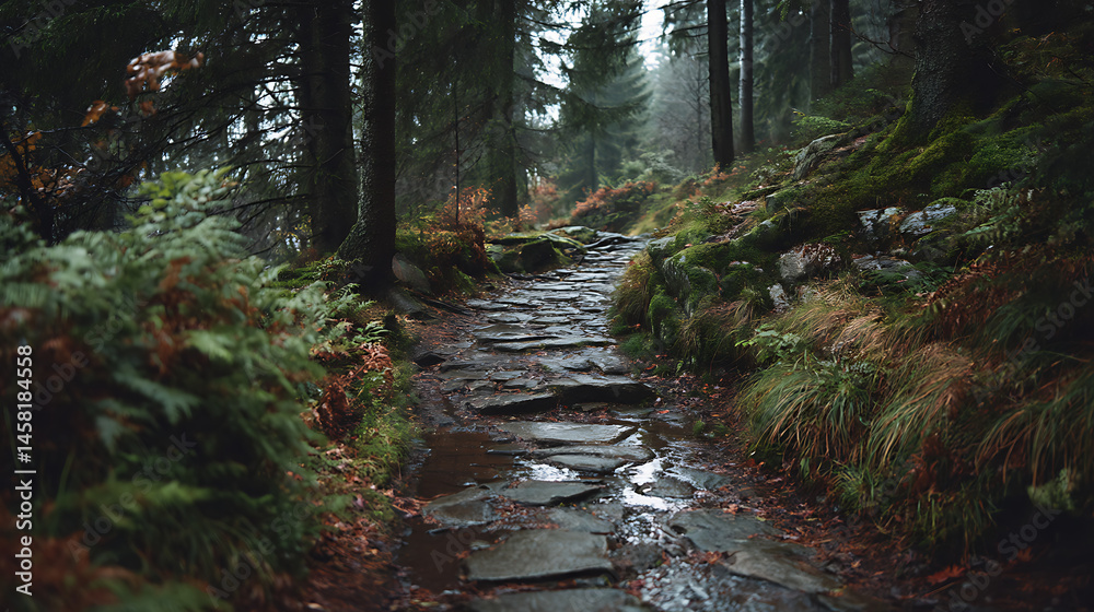 Obraz premium Stone path through wet moody european forest