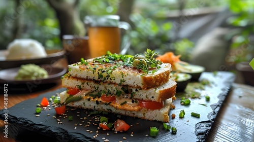 Artfully Stacked Savory Breakfast Toast with Fresh Herbs and Garden Greens
