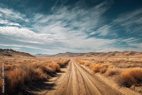 Expansive Desert Road Stretching Into the Horizon Under a Vast Open Sky With Shadows Cast by Clouds Generative AI