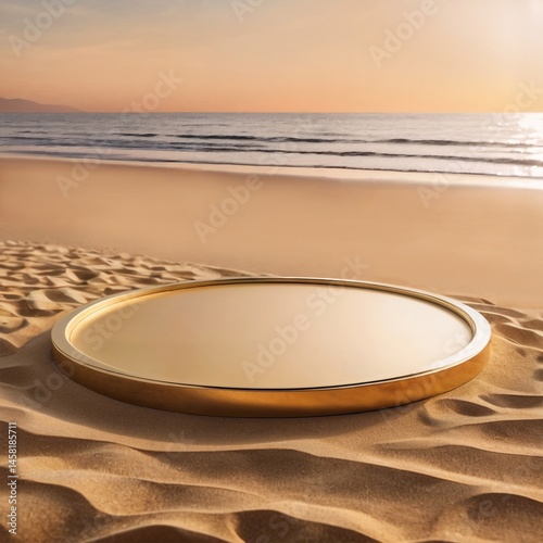 Round golden platform against sandy beach at sunset with gently rolling waves and clear sky