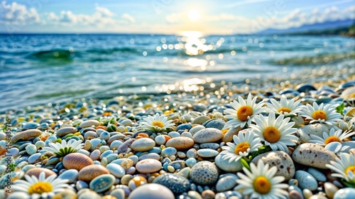 Bright white daisies among pebbles on beach with clear blue skies and  calm turquoise sea background