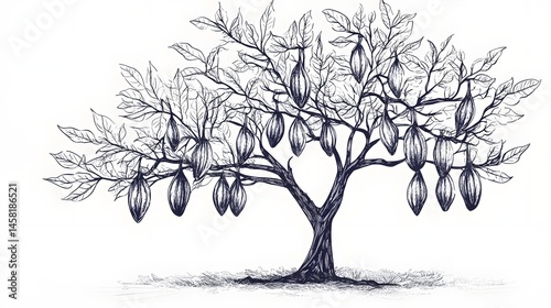 Detailed illustration of a cacao tree laden with pods.