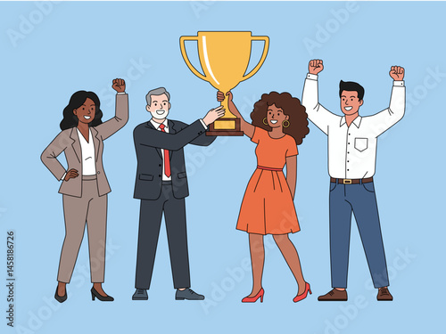 business team success illustration group happy diverse people business suit cup manager background achievement cheerful colleague company