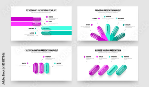 Project Innovation 4 5 3 4 Step Diagram Frame Design Set. Market Analysis Four Five Three Four Option Infographic Presentation Layout Vector Illustration Bundle.