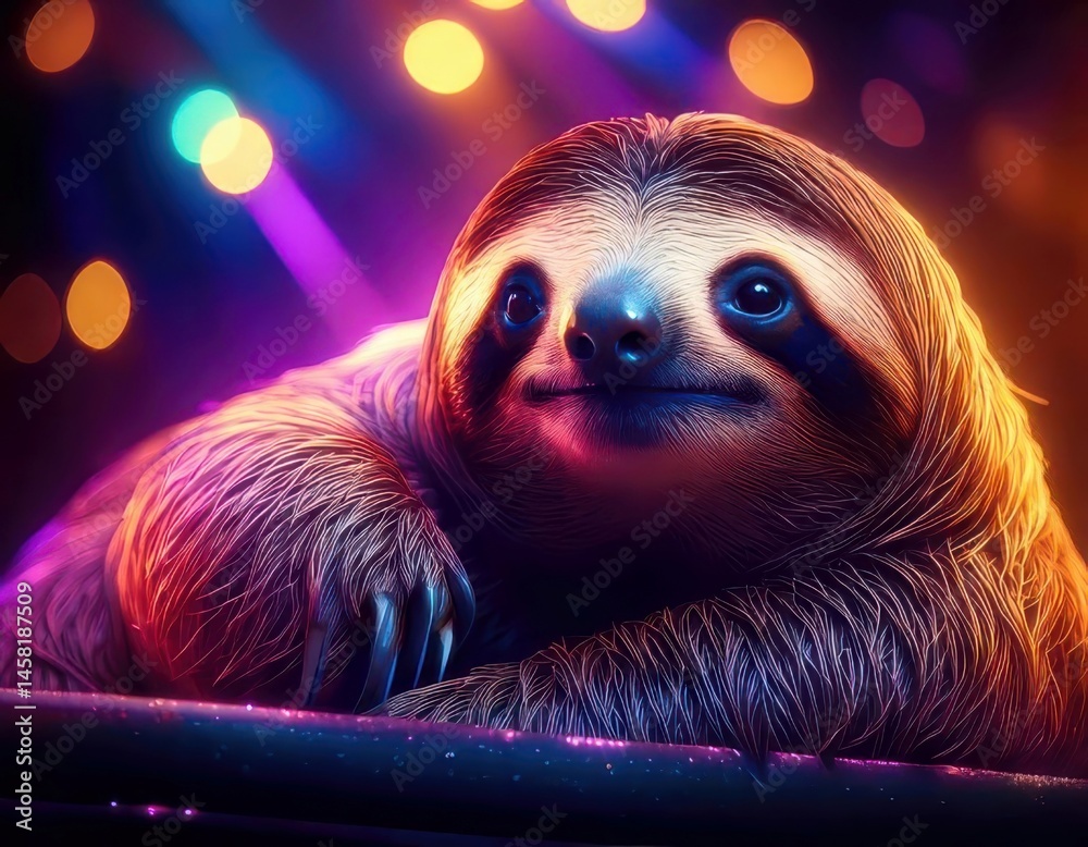 Sloth in a vibrant dreamy atmosphere with colorful flares and sparkling ambient light