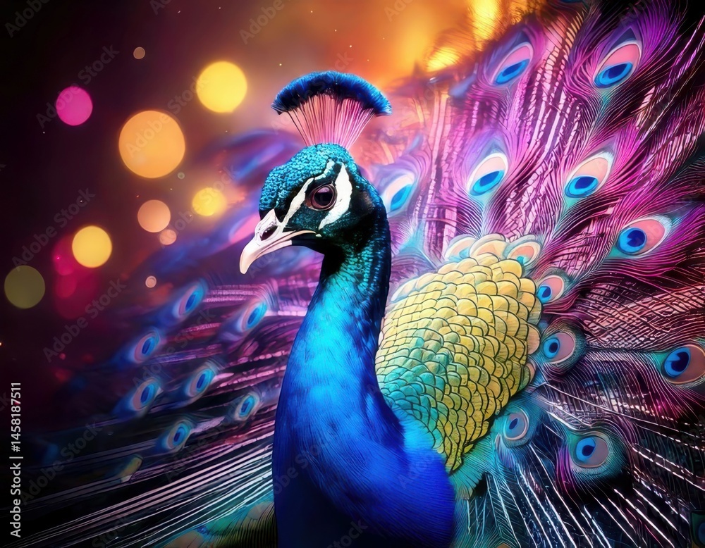 Peacock in a vibrant dreamy atmosphere with colorful flares and sparkling ambient light