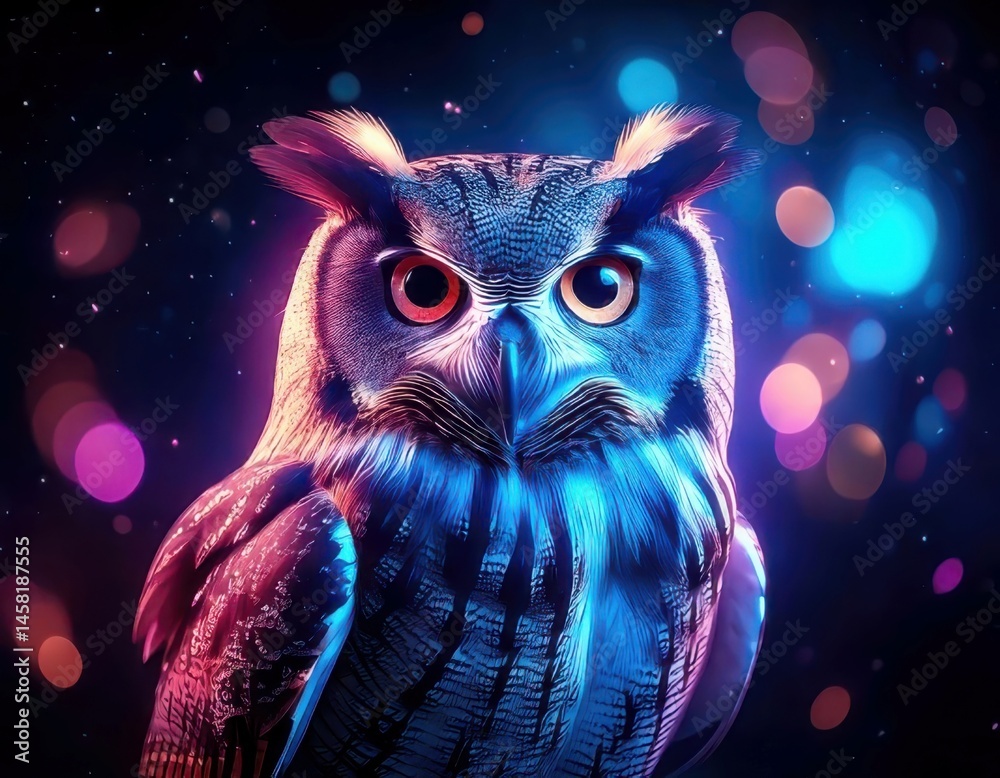 Owl in a vibrant dreamy atmosphere with colorful flares and sparkling ambient light