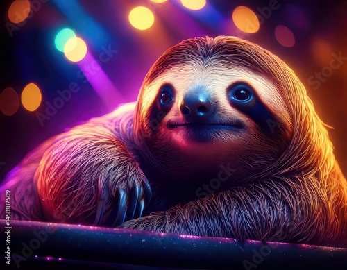 Obraz na płótnie Sloth in a vibrant dreamy atmosphere with colorful flares and sparkling ambient light w salonie