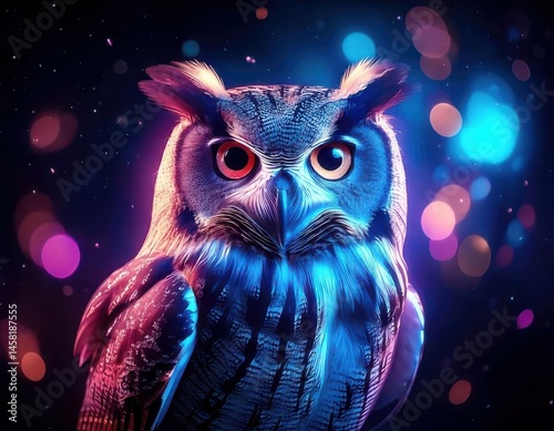 Obraz na płótnie Owl in a vibrant dreamy atmosphere with colorful flares and sparkling ambient light w salonie
