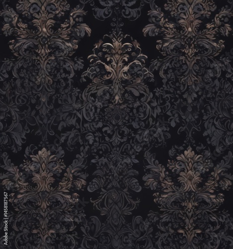 Deep midnight damask, velvety floral swirls, seamless repeat , victorian, black, purple