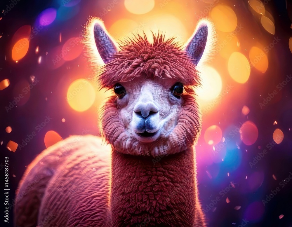 Alpaca in a vibrant dreamy atmosphere with colorful flares and sparkling ambient light