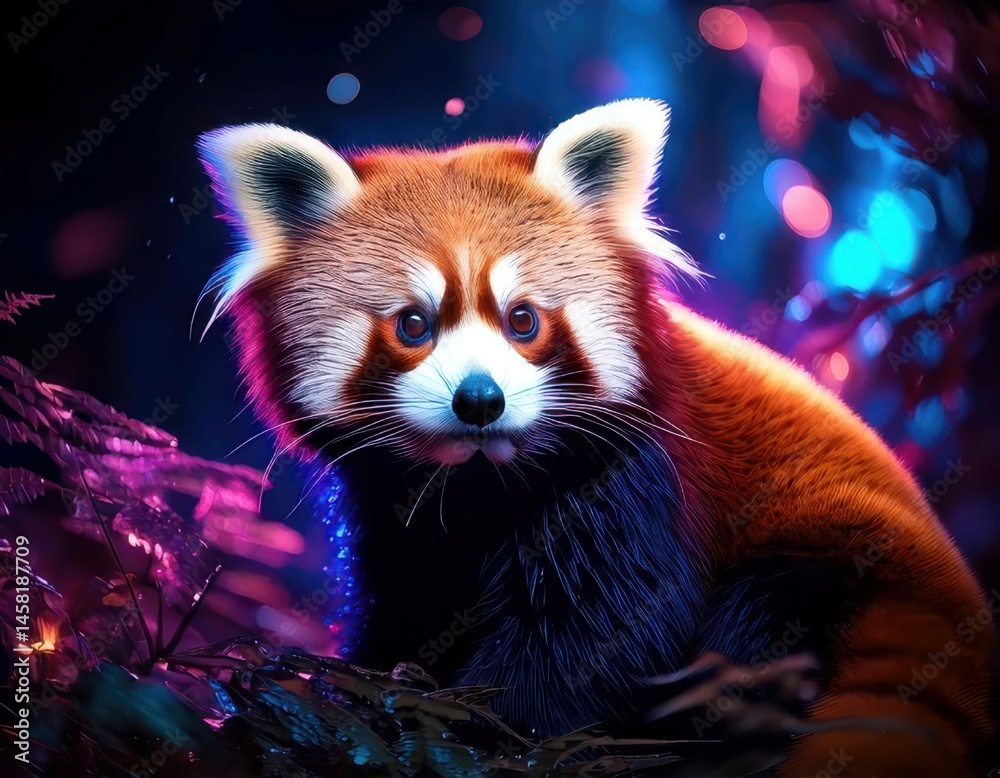 Red Panda in a vibrant dreamy atmosphere with colorful flares and sparkling ambient light