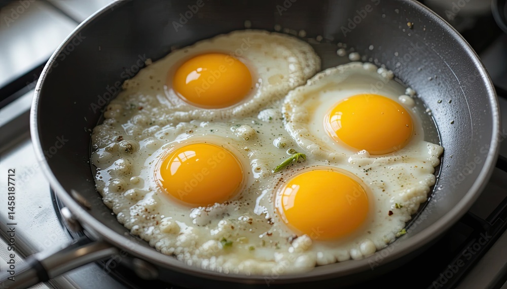 Four fried eggs cooking in a pan on a stove top with bright yellow yolks and cooked egg whites visible Four fried eggs cooking in a pan on a stove top with bright yellow yolks and cooked egg whites visible