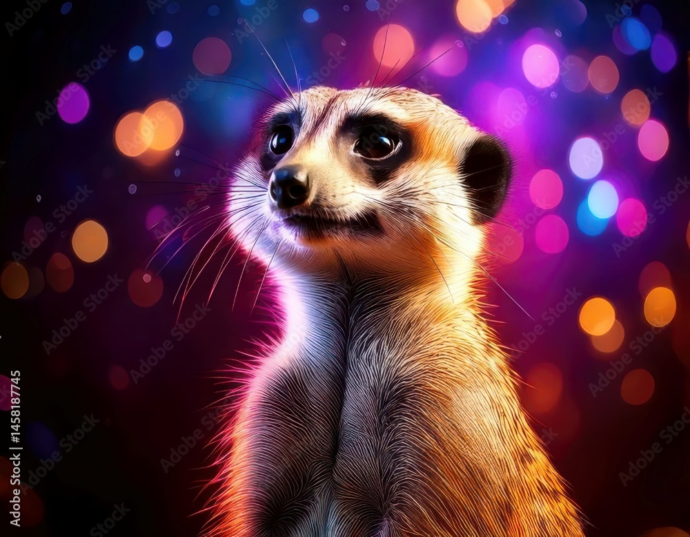 Meerkat in a vibrant dreamy atmosphere with colorful flares and sparkling ambient light