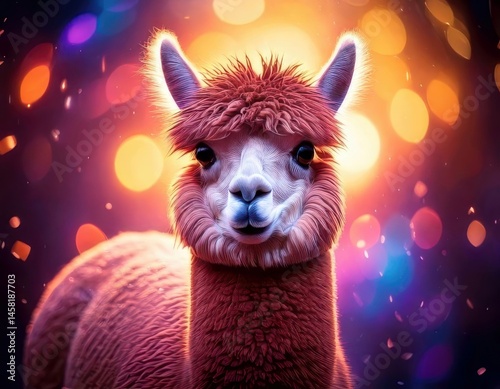 Obraz na płótnie Alpaca in a vibrant dreamy atmosphere with colorful flares and sparkling ambient light w salonie