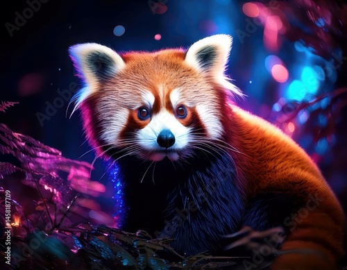 Obraz na płótnie Red Panda in a vibrant dreamy atmosphere with colorful flares and sparkling ambient light w salonie
