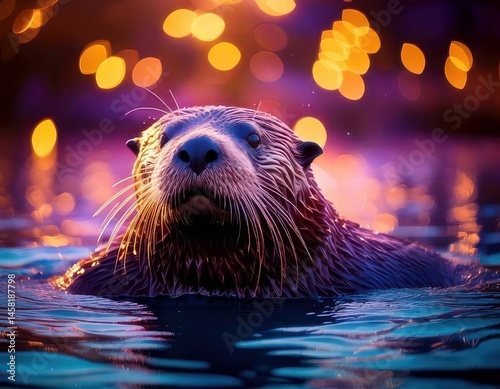 Sea Otter in a vibrant dreamy atmosphere with colorful flares and sparkling ambient light
