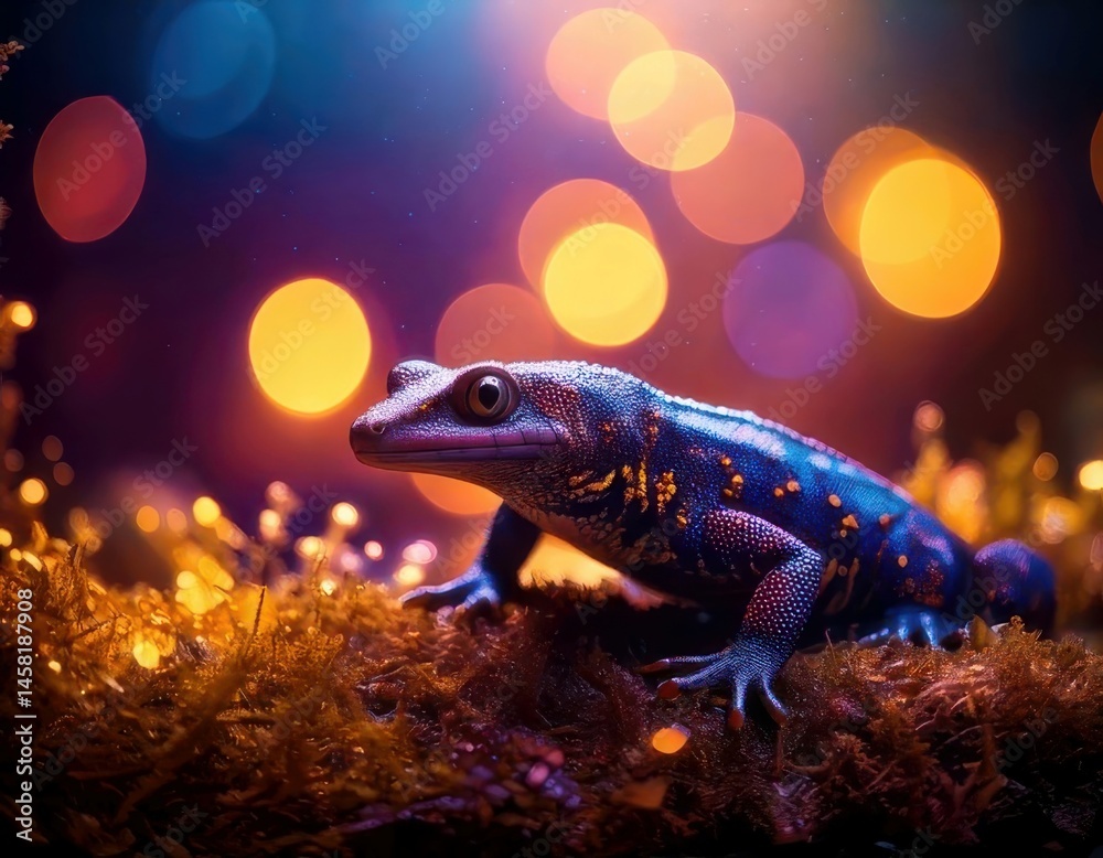 Salamander in a vibrant dreamy atmosphere with colorful flares and sparkling ambient light
