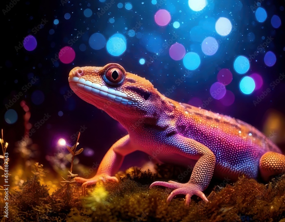 Newt in a vibrant dreamy atmosphere with colorful flares and sparkling ambient light