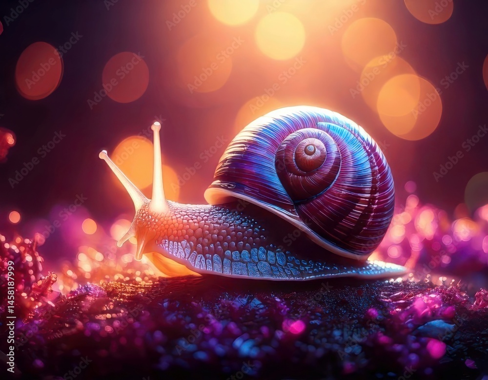 Snail in a vibrant dreamy atmosphere with colorful flares and sparkling ambient light