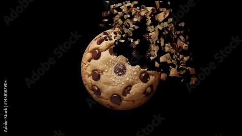 Chocolate Chip Cookie Explosion: A delicious chocolate chip cookie shatters into a thousand pieces, revealing its gooey center and rich chocolate chips against a stark black background.