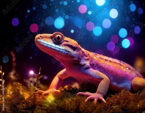 Obraz na płótnie Newt in a vibrant dreamy atmosphere with colorful flares and sparkling ambient light w salonie
