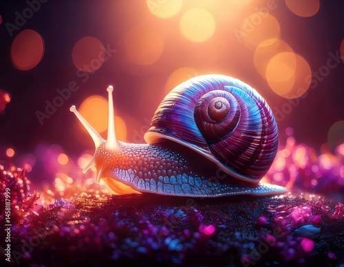 Obraz na płótnie Snail in a vibrant dreamy atmosphere with colorful flares and sparkling ambient light w salonie