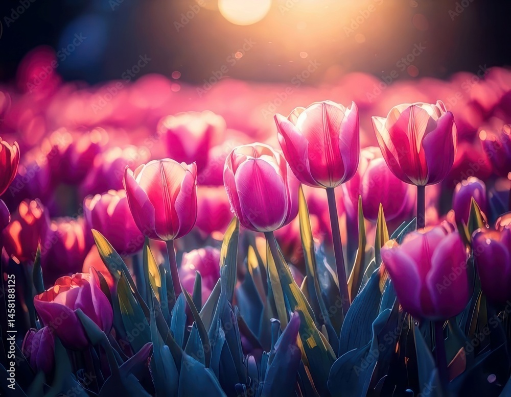 Tulip under magical lighting with neon glow, immersed in a soft bokeh fantasy background