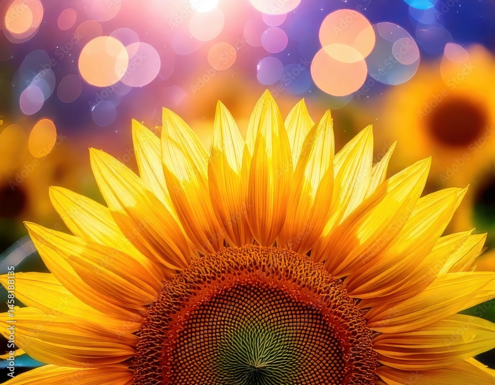 Sunflower under magical lighting with neon glow, immersed in a soft bokeh fantasy background