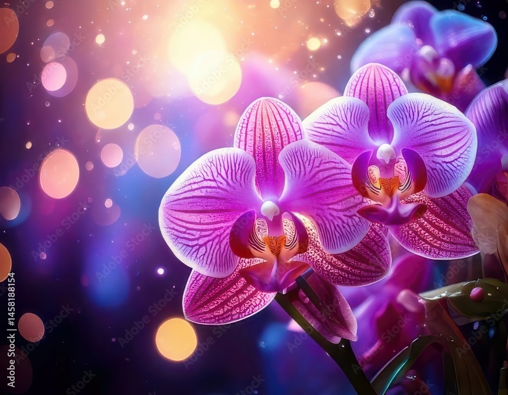 Orchid under magical lighting with neon glow, immersed in a soft bokeh fantasy background