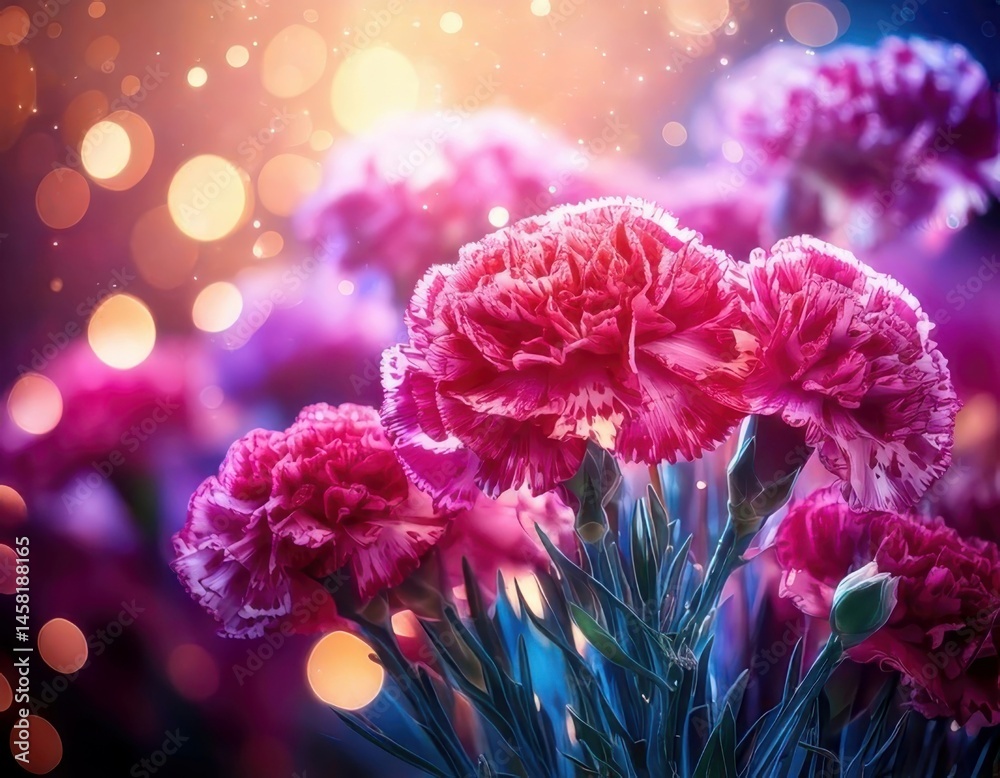 Carnation under magical lighting with neon glow, immersed in a soft bokeh fantasy background