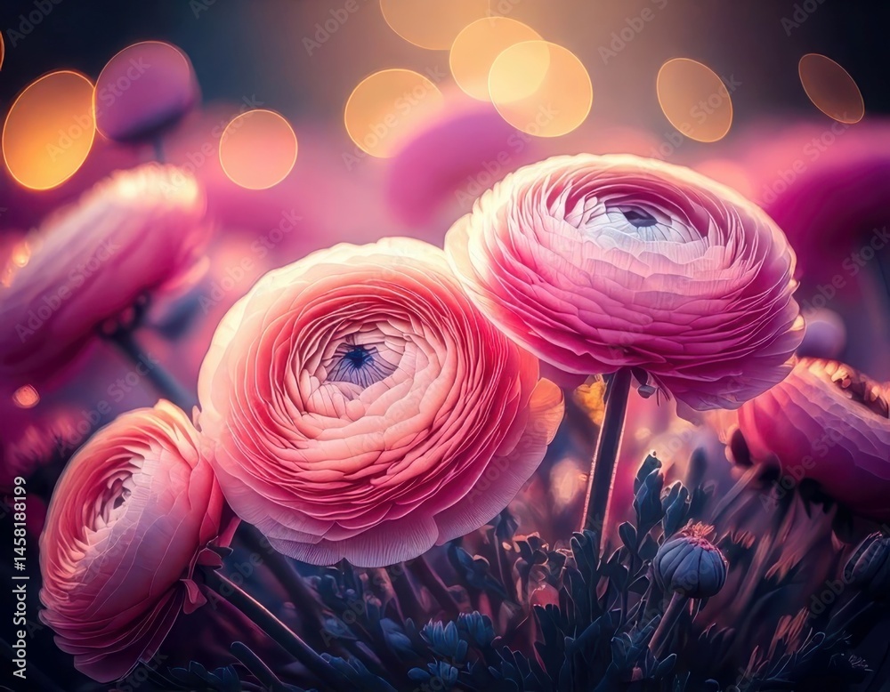 Ranunculus under magical lighting with neon glow, immersed in a soft bokeh fantasy background