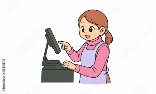 cute female cashier at supermarket cartoon illustration