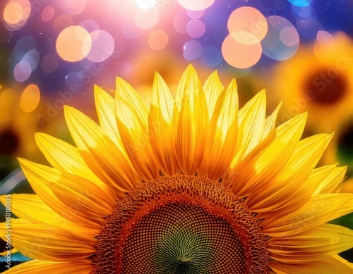 Obraz na płótnie Sunflower under magical lighting with neon glow, immersed in a soft bokeh fantasy background w salonie