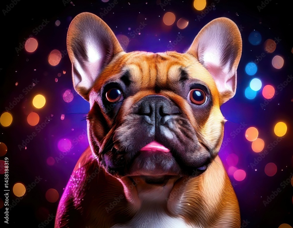 French Bulldog under magical lighting with neon glow, immersed in a soft bokeh fantasy background