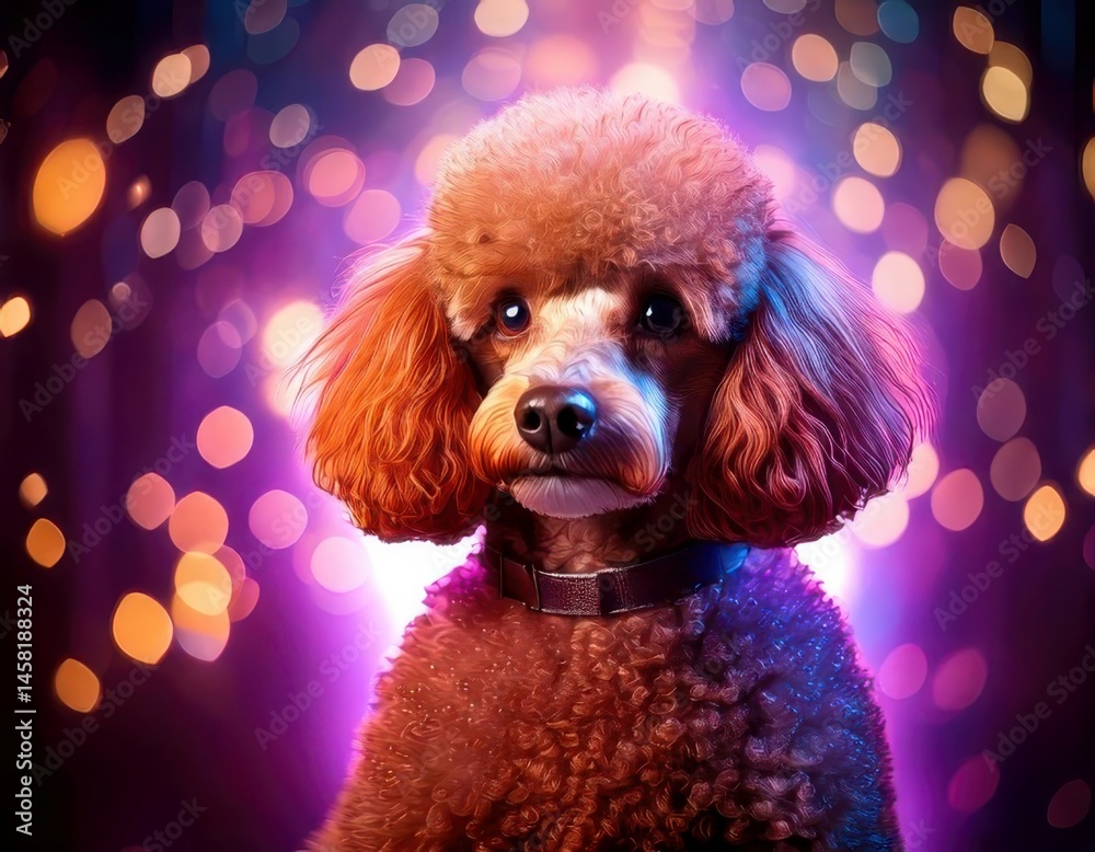 Poodle under magical lighting with neon glow, immersed in a soft bokeh fantasy background