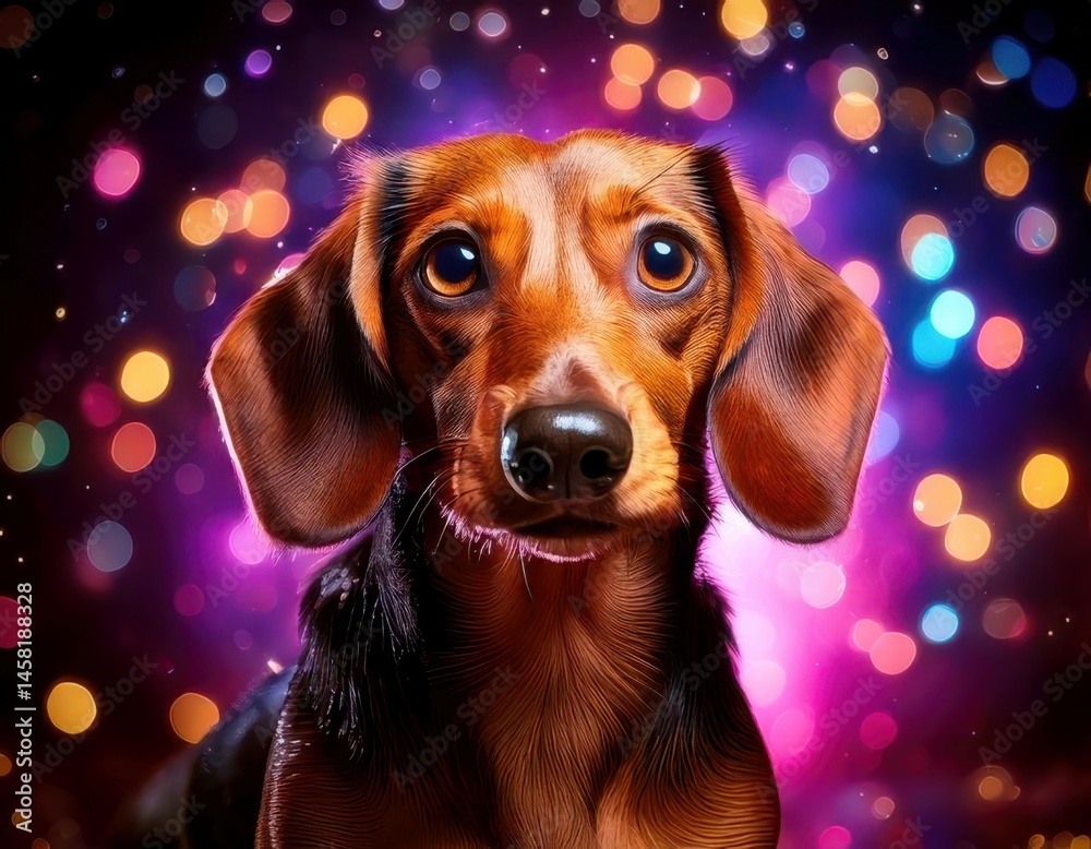Dachshund under magical lighting with neon glow, immersed in a soft bokeh fantasy background