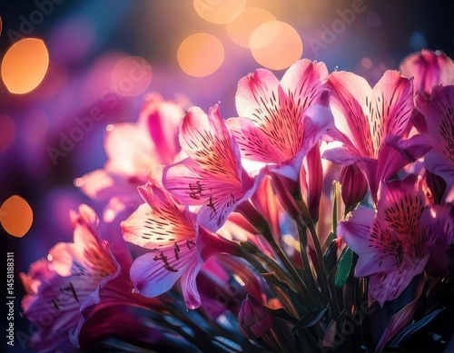 Alstroemeria under magical lighting with neon glow, immersed in a soft bokeh fantasy background