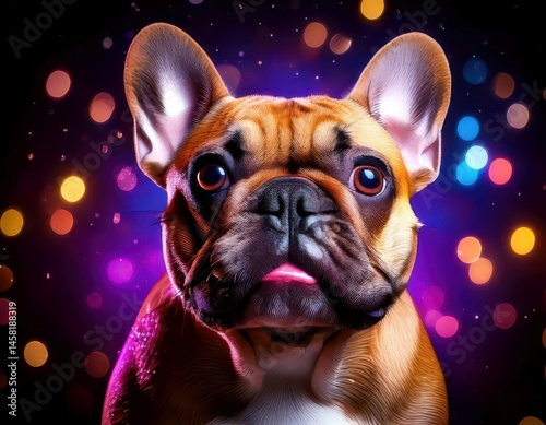 Obraz na płótnie French Bulldog under magical lighting with neon glow, immersed in a soft bokeh fantasy background w salonie
